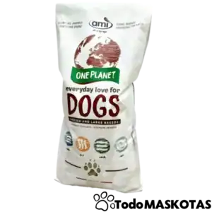 Alimento para perros en saco de 20 kg con imagen de planeta tierra y texto