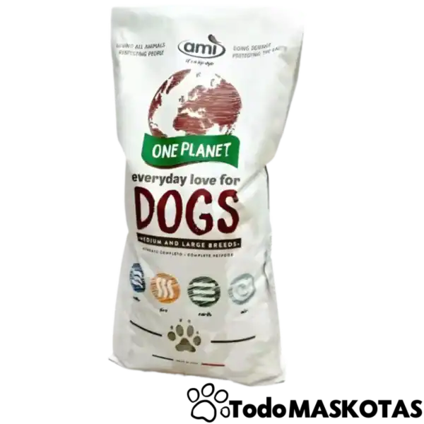 Alimento para perros en saco de 20 kg con imagen de planeta tierra y texto "one planet".