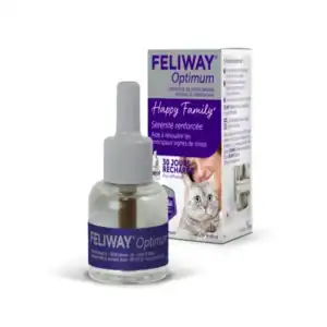 Alto texto: Envase de Feliway Optimum para gatos, ayuda a reducir estrés y mejorar bienestar feline.