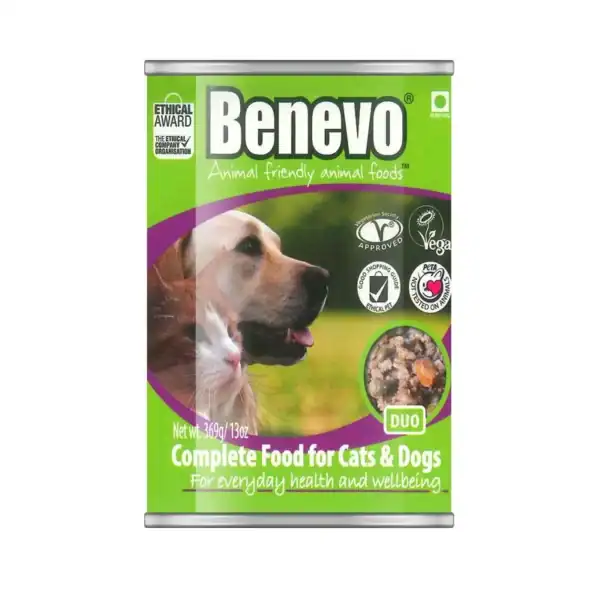 Benevo comida completa para gatos y perros, ecológica y vegana, 360g, bienestar animal y salud.