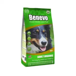 Alto texto: Comida orgánica para perros adultos, saludable y equilibrada, de alta calidad.