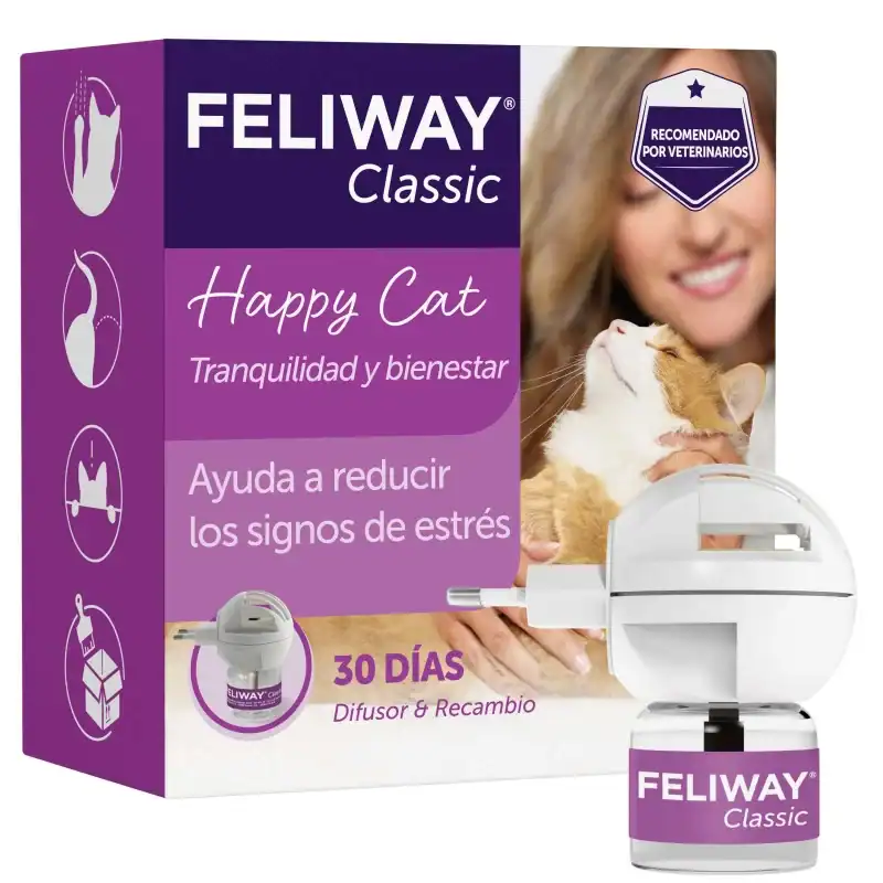 Protector natural para gatos Feliway Classic, reduce estrés y bienestar, difusor para hogares.