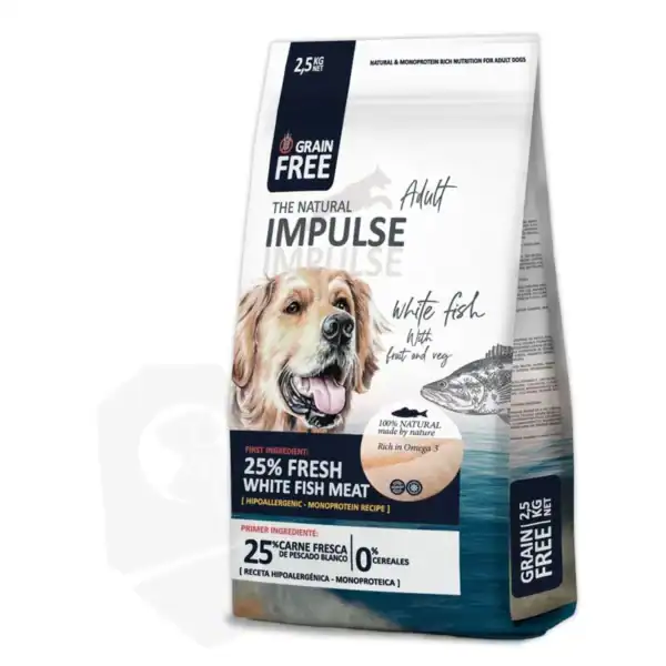 Grain free pienso para perros, pescado blanco, 25% carne fresca, sin cereales, ideal para perros adultos.