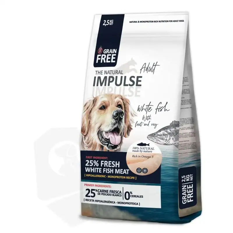 Grain free pienso para perros, pescado blanco, 25% carne fresca, sin cereales, ideal para perros adultos.