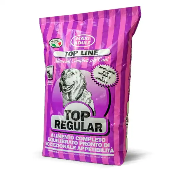 Pastel rosa y morado de comida para perros, con dibujo de perro y texto en italiano.