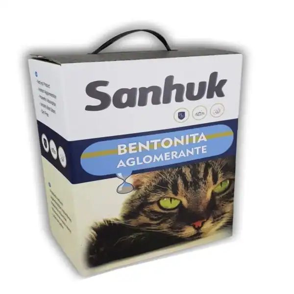 Sanhuk Bentonite aglomerante para gatos, arena de alta absorción y control de olores, en caja con asa.