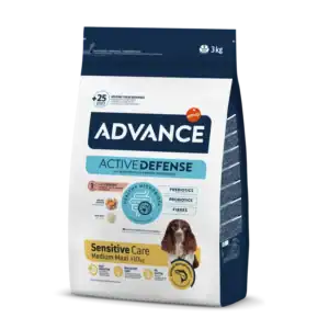 Advance alimento para perros en bolsa, cuidado sensible para razas medianas y maximales.