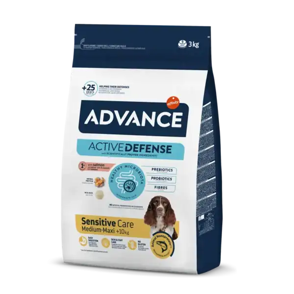 Advance alimento para perros en bolsa, cuidado sensible para razas medianas y maximales.