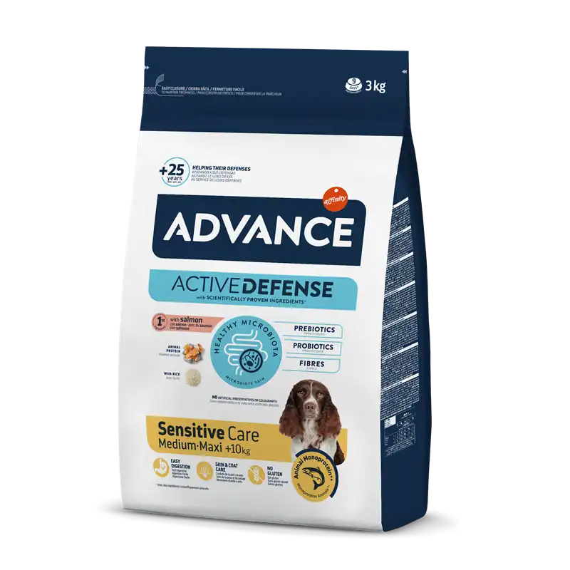 Advance alimento para perros en bolsa, cuidado sensible para razas medianas y maximales.