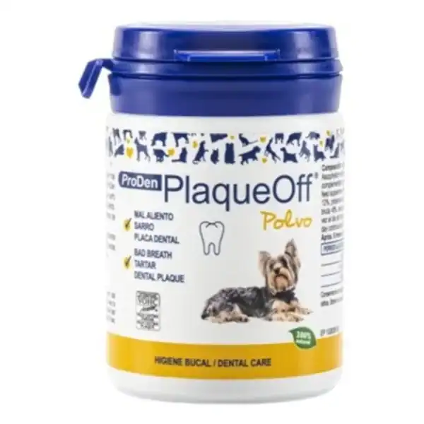 Elimina placa dental en perros con polvo en envase blanco y azul de ProDen PlaqueOff.