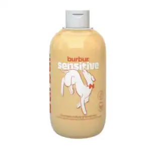 Bañador sensible para perros con pelo dorado y dibujo de un perro en la etiqueta.