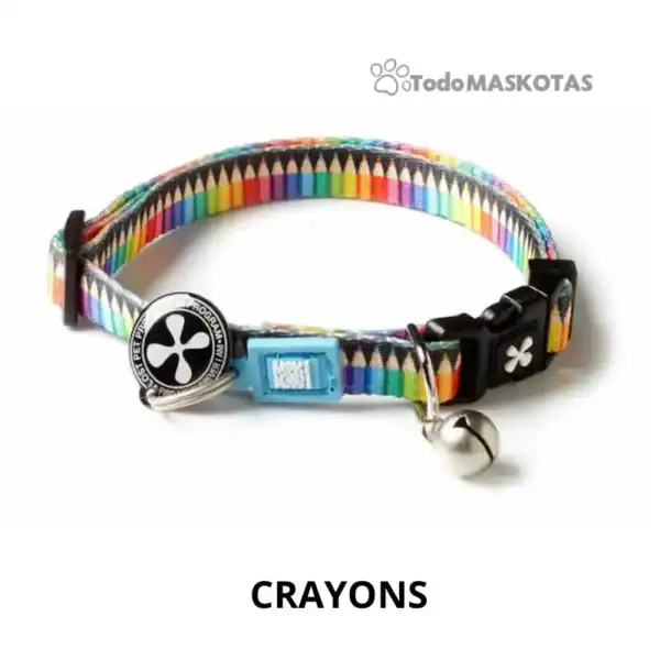 Colorido collar para mascotas con diseño de crayones, ideal para perros y gatos, con campana y GPS integrado.