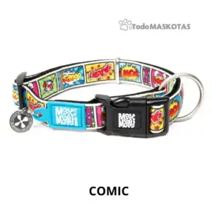 Collar para mascotas con diseño de cómic y etiqueta de Mascot Moly en tonos vibrantes.
