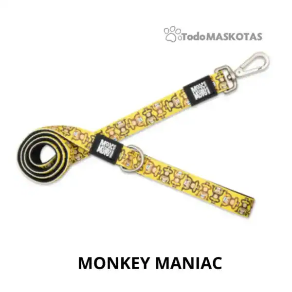 Correa para mascotas con diseño de monos, nylon resistente y clip metálico, ideal para perros y gatos.