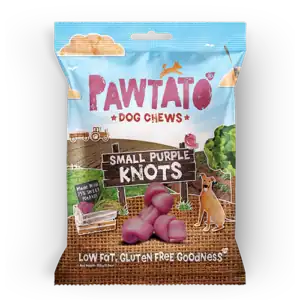 Bocaditos para perros PawTato con espiral púrpura pequeña, sin gluten.