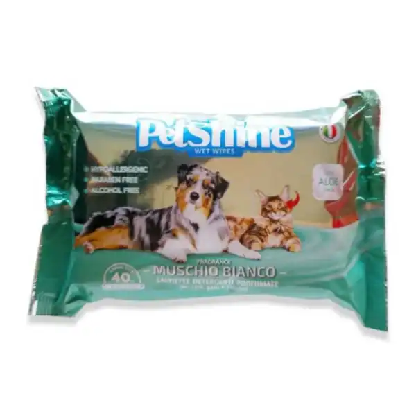 Suave toallitas húmedas para mascotas con aroma a musgo blanco, sin alcohol ni parabenos.