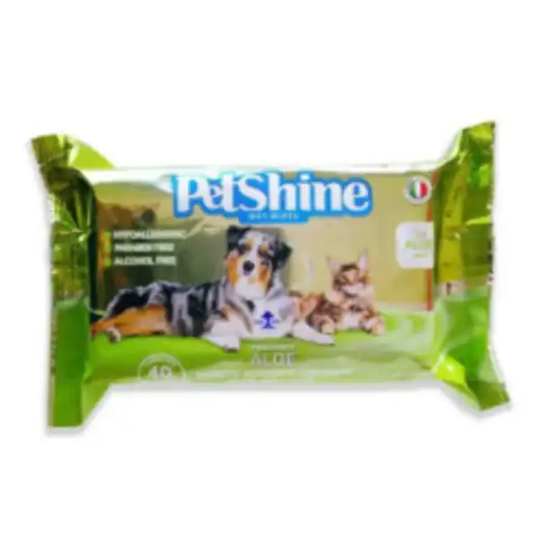 Petshine toallita húmeda para mascotas, ideal para limpieza y cuidado del pelaje.