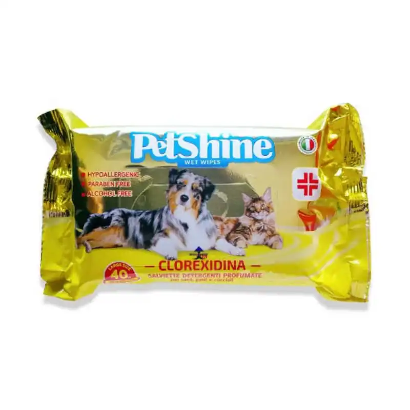 Paquete de toallitas húmedas para mascotas PetShine Clorexidina, higiene y cuidado para perros y gatos.