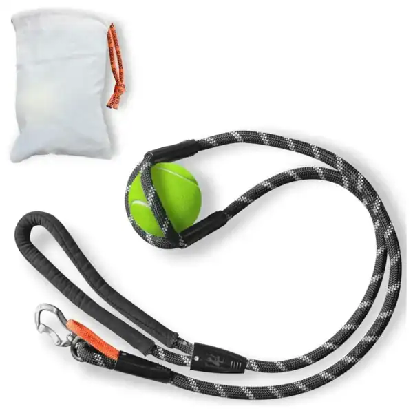 Correa de seguridad para perro con pelota de tenis y bolsa de accesorio en fondo blanco.