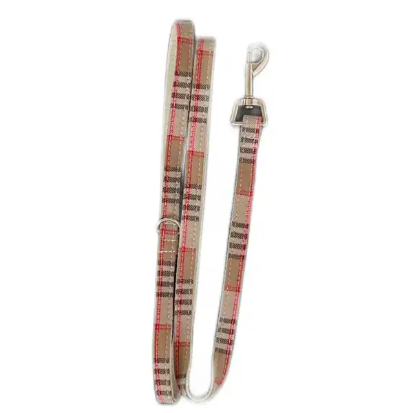 Correa de antirrobo con diseño tartán beige y rojo para mascotas.