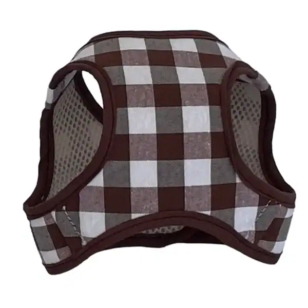 Alto texto: Chubasquero para perros con diseño a cuadros en tonos marrón y blanco.