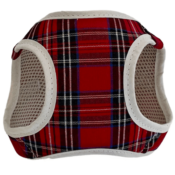 Suéter para mascotas con patrón escocés en rojo y beige, ideal para paseos alegres y días fríos.