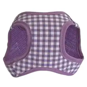 Tamaño pequeño y diseño de cuadros morados para arnés o ropa de mascotas.