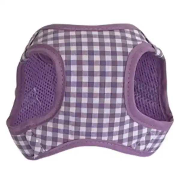 Tamaño pequeño y diseño de cuadros morados para arnés o ropa de mascotas.