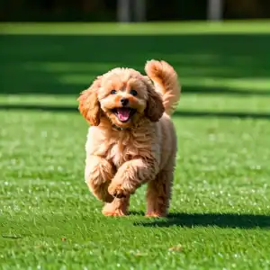 Perro de peluche adorable corriendo en césped verde, juguetón y feliz.