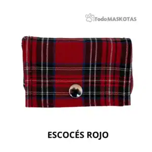 Red tartan wallet with metal button, stylish accessory for women and men.
