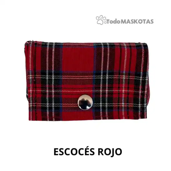 Red tartan wallet with metal button, stylish accessory for women and men.