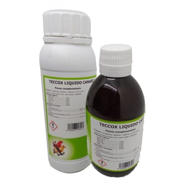 TECOX líquido canario para mascotas, producto para aves, suplemento natural para aves exóticas.