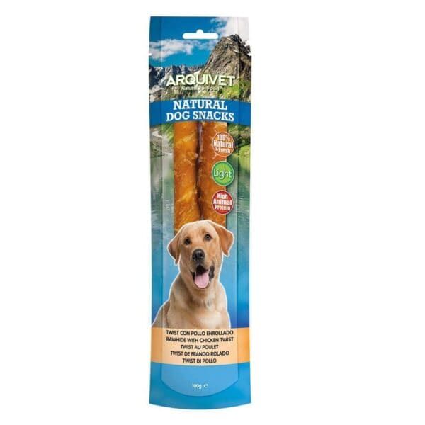 Alimento para perros con tira de pollo enrollado, snack natural y saludable para tu mascota.