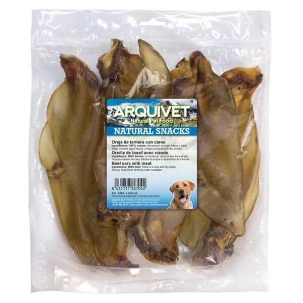 Oreja de ternera para perros, snack natural y saludable, en envase al vacío.