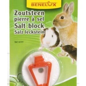 Anillo de sal para roedores con soporte y abrazadera para jaulas, ideal para conejos y cobayas.