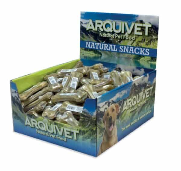Arqueret snacks naturales para mascotas, huesitos de carne en caja, alimentación saludable para perros.