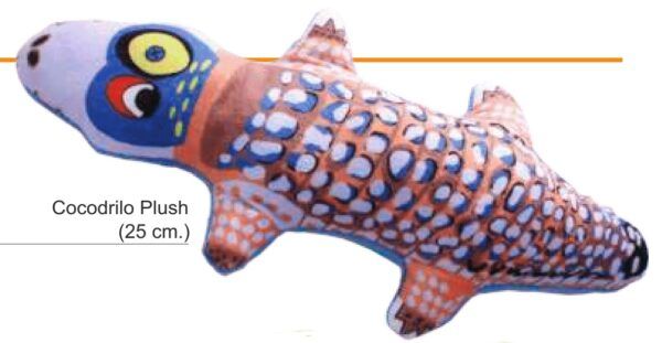 Colorido peluche de cocodrilo con diseño divertido y detalles en azul y naranja, ideal para niños y decoración.