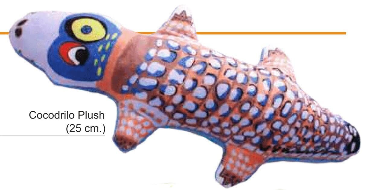 Colorido peluche de cocodrilo con diseño divertido y detalles en azul y naranja, ideal para niños y decoración.