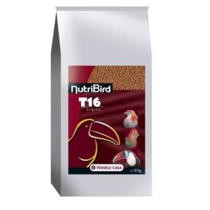 NutriBird T16 pienso para aves, envase de 10 kg con logo de loro y ave de colores.