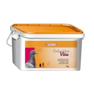 Pintura para palomas Colombine Vita, 4 kg, en cubeta de color blanco y naranja.