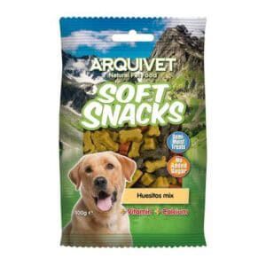 ArquiVet snacks naturales para mascotas, huesitos masticables con vitaminas y calcio, sin azúcar añadido.