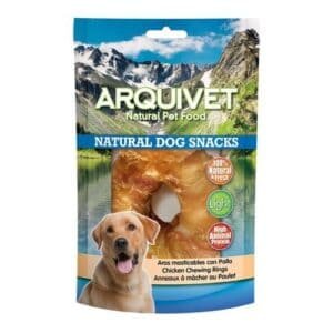Aros masticables para perros con pollo, snack natural para perros en paquete de 100% natural y fresco.