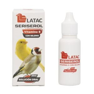 Vitamina E para aves LATAC SERISEROL, solución oral 20ml, con sellos y gotas para animales.