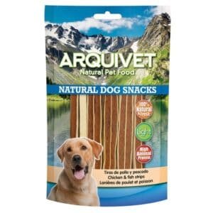 Tiras de pollo y pescado para perros, snack natural y proteico, ideal para mascotas activas.