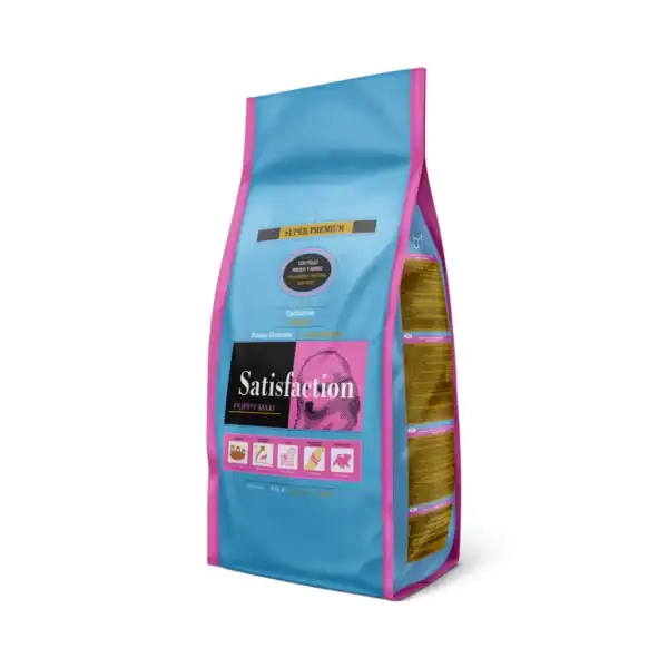 Satisfacción cachorro talla maxi, alimento para perros grandes con pollo y vitaminas.
