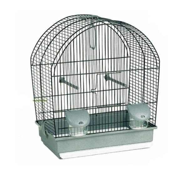 Jaula para aves con comederos y perchas, ideal para mascotas pequeñas.