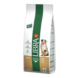 Alto texto: Comida para perros adultas Libra de alta calidad para equilibrio nutricional.