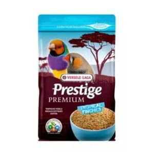 Alimento para aves de mascotas en bolsa con loro y periquito, con melas de pesca tropical.