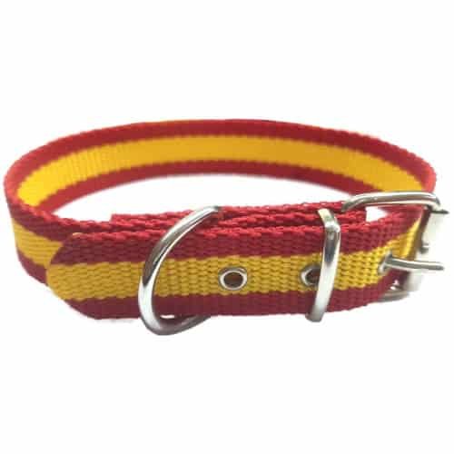 Cuelga collar de tela rojo y amarillo para perros y gatos, ajustable y resistente.