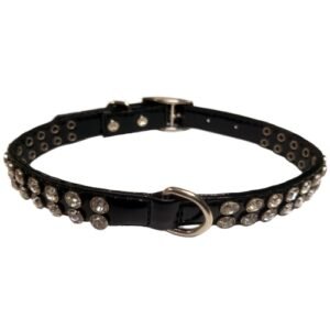 Collar de cuero negro con brillantes para mascotas, resistente y elegante.